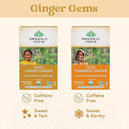ORGANIC INDIA Tulsi Lemon Ginger Tea Bags - Herbal Tea, Stress Relieving & Reviving, Immune Support, Aids Digestion, Vegan, USDA Certified Organic, Non-GMO, Caffeine-Free - 18 Infusion Bags, 1 Pack
