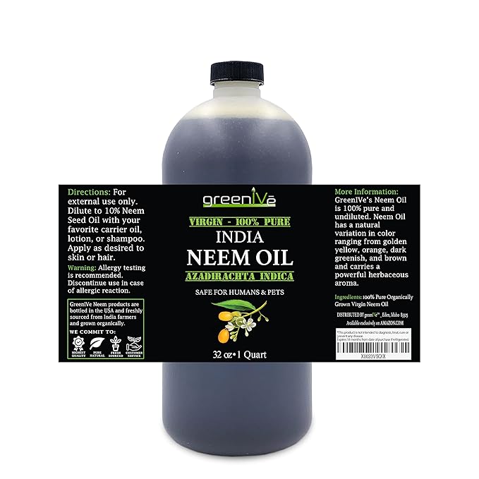 GreenIVe 100% Organically Grown Neem Oil, Cold-Pressed Virgin, Pure & Natural, 32 oz - Ideal for Gardening, Skin Care, Hair Care & Pet Care