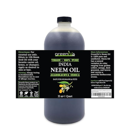 GreenIVe 100% Organically Grown Neem Oil, Cold-Pressed Virgin, Pure & Natural, 32 oz - Ideal for Gardening, Skin Care, Hair Care & Pet Care