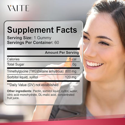 VAITE TMG Supplements – Trimethylglycine 800mg Gummies, Betaine Anhydrous for Energy Support, 60 Vegan Chewables, Easy to Take, Non-GMO, Gluten & Soy Free, for Adults, Daily Nutritional Balance