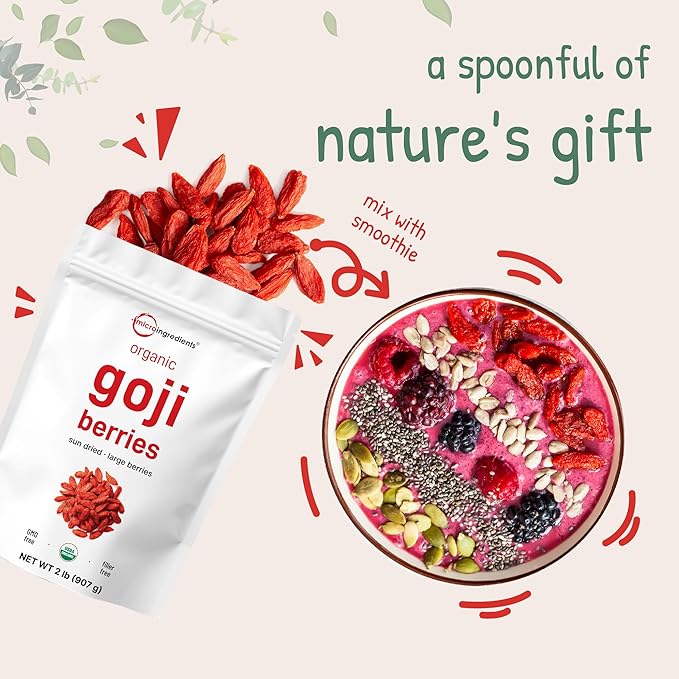 Organic Goji Berries, 32 Ounces | 100% Natural Sun-Dried Whole Fruit | Sulfate & Additive Free | Large Berry Form, Great Flavor for Drinks, Snacks, & Beverages | Non-GMO & Vegan
