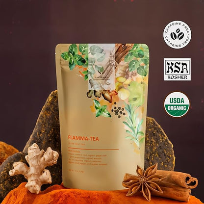 Gardenika Organic Flamma-tea Loose Leaf Tea | Premium Turmeric Ginger Blend with Cinnamon, Peppermint & Black Pepper | 100% Natural, Caffeine Free Herbal Wellness Tea | 4oz (113g)