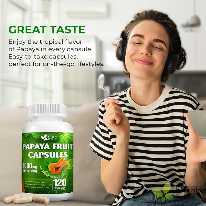 FRESHDRINKUS, 120 Papaya Fruit Extract Capsules| Papain Enzyme| 100% from Natural Papaya Fruit Extract| 500mg per Capsule| 1,000mg per Serving| 60 Days Supply| Vegan Capsulesc Non-GMO, Gluten-Free