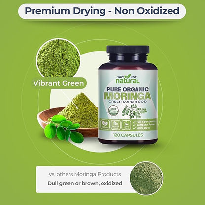 Why Not Natural Organic Moringa Capsules - Green superfood Powder Supplement Pills - Maringa