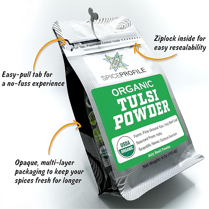 Spice Profile USDA Organic Holy Basil Powder, Lab Tested for Heavy Metals, Resealable 4oz Pouch, Tulsi, Albahaca Sagrada