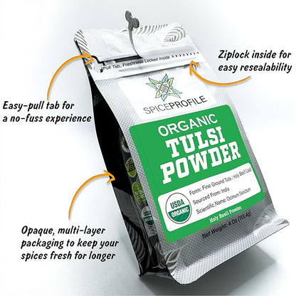 Spice Profile USDA Organic Holy Basil Powder, Lab Tested for Heavy Metals, Resealable 4oz Pouch, Tulsi, Albahaca Sagrada