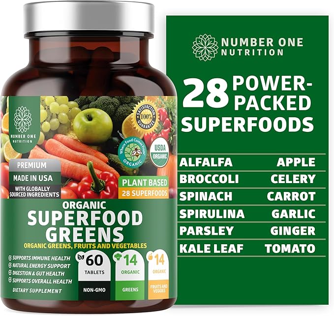 USDA Organic Superfood Greens [28 Powerful Ingredients] Natural Super Greens Capsules, Fruit and Veggie Supplement with Alfalfa, Beet Root and Ginger to Support Energy and Immunity, 60 Tablets
