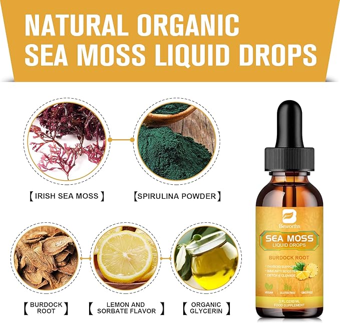 Sea Moss Liquid Drops - Organic Irish Sea Moss Gel with Spirulina, Bladderwrack, Burdock Root, Pinapple Seamoss Gel Supplement for Joint, Detox Cleanse & Digestion Support - 2 Fl Oz, Vegan