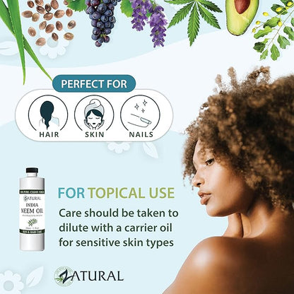 Zatural Organically Grown Neem Seed Oil 100% Pure Cold Pressed for Hair, Skin, Nails, Garden & Pets (16oz)