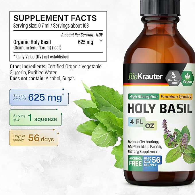 BIO KRAUTER Holy Basil Tincture - Tulsi Powder Liquid Extract - Supports Calmness and Relaxation - Ursolic Acid Supplement - Alcohol and Sugar Free Holy Basil Extract - Vegan Drops 4 Fl.Oz.