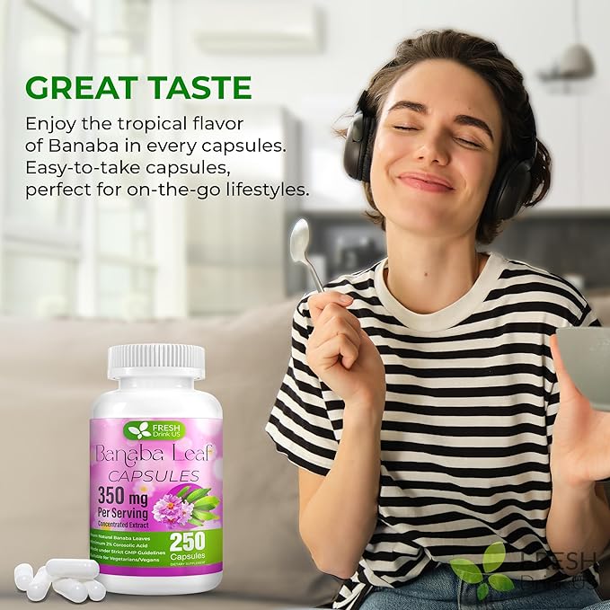 FRESHDRINKUS, 250 Banaba Capsules| High Potency Standardized| 100% from Natural Banaba Leaves Extract| 350mg per Capsule| 350mg per Serving| 250 Days Supply| Vegan Capsules| Non-GMO, Gluten-Free