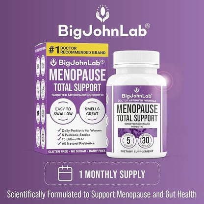 BIGJOHNLAB® - Menopause Total Support – Advanced Probiotic Formula with 5 Strains & 15 Billion CFU, Resveratrol, Black Cohosh, Acacia Fiber, Non-GMO & 100% Vegetarian
