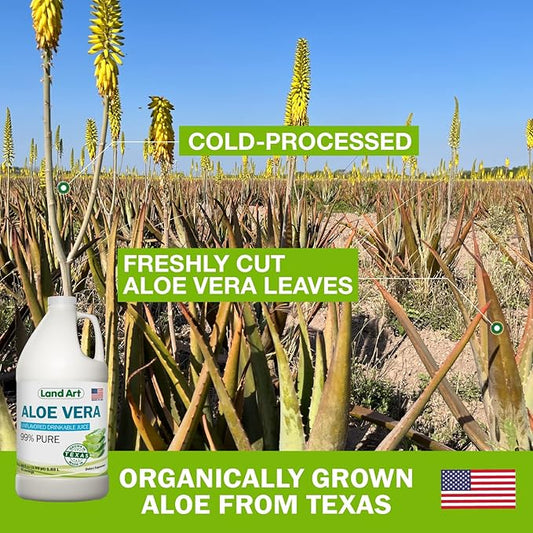 Land Art - Pure Aloe Vera Juice Unflavored – Cold-Processed - 99.7% Organic Aloe Vera Inner Fillet from Fresh Texas Leaves – Digestive Health, Detox and Natural Wellness – 64 fl oz