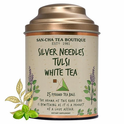 Sancha Tea Boutique Tulsi White Tea | 25 Pyramid Bags | Indian Holy Basil Leaves with Silver Needle White Tea | Rich in Antioxidants & Wellness