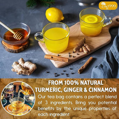 30 Bags Premium Turmeric Ginger Cinnamon Tea, Improve Digestion, Support Brain, Weight, Skin and Sleep, Eco-Conscious Tea Bags and Premium Natural Ingredients. Turmeric Ginger Herbal Tea. No Sugar, No Caffeine, No Gluten, Vegan.