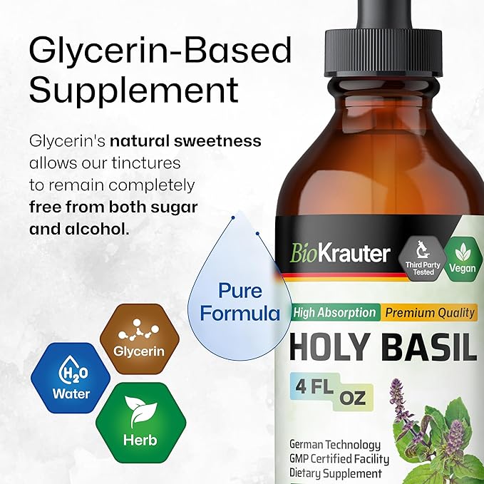 BIO KRAUTER Holy Basil Tincture - Tulsi Powder Liquid Extract - Supports Calmness and Relaxation - Ursolic Acid Supplement - Alcohol and Sugar Free Holy Basil Extract - Vegan Drops 4 Fl.Oz.