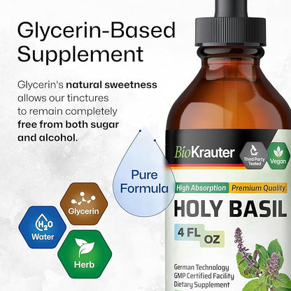BIO KRAUTER Holy Basil Tincture - Tulsi Powder Liquid Extract - Supports Calmness and Relaxation - Ursolic Acid Supplement - Alcohol and Sugar Free Holy Basil Extract - Vegan Drops 4 Fl.Oz.