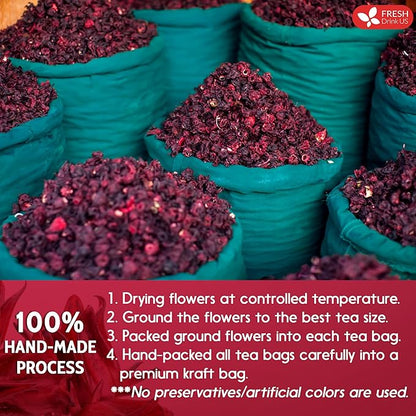 FRESHDRINKUS, Premium 30 Hibiscus Flowers Tea Bags, 100% Natural & Pure from Hibiscus Flowers. Loose Flower Hibiscus Herbal Tea. No Sugar, No Caffeine, No Gluten, Vegan.