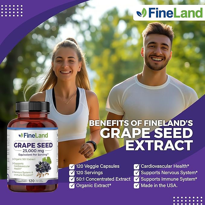 FineLand Grape Seed Extract 50:1 – 25,000mg Equivalent per Capsule – 120 Vegan Capsules – Rich in Antioxidants | Heart, Immune & Circulation Support – Non-GMO | Made in USA