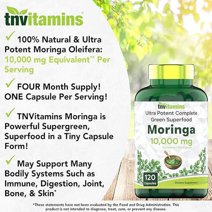 Moringa Capsules 10,000 mg - 120 Capsules | Pure Moringa Oleifera Leaf Powder Supplement | Powerful Green Superfood | Super Greens Powder Pills | Non-GMO, Made in The USA!