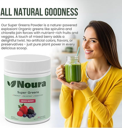 Super Greens Powder, 60 Servings - Immunity, Digestive Enzymes & Probiotics for Energy, Gut Health, Bloating Relief for Women - Greens Superfood Powder - Mixed Berry