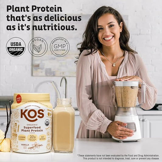KOS Plant Based Protein Powder, Vanilla USDA Organic - Low Carb Pea Protein Blend, Vegan Superfood Rich in Vitamins & Minerals - Keto, Soy, Dairy Free - Meal Replacement for Women & Men - 10 Servings