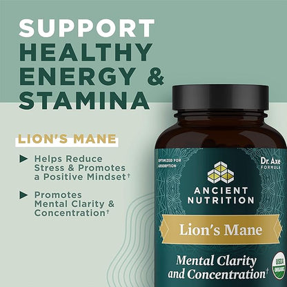 Organic Lion's Mane Mushroom Supplement with Ashwagandha by Ancient Nutrition, Organic Lion's Mane Supports Healthy Energy and Concentration, Reduces Fatigue, Gluten Free and Keto Friendly, 30 Tablets