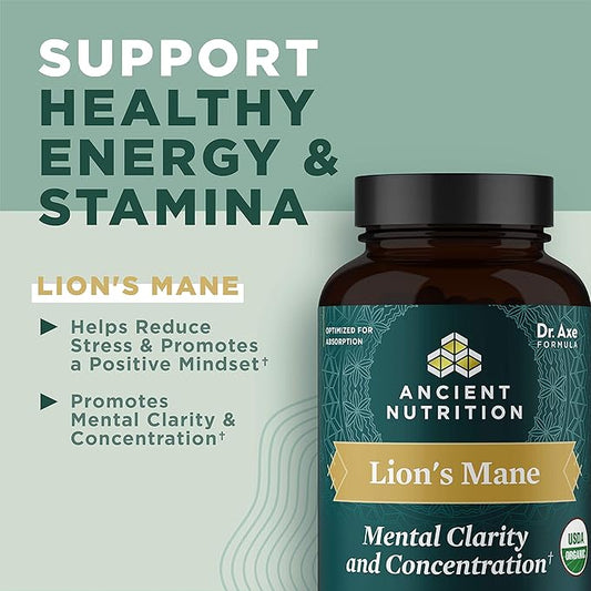 Organic Lion's Mane Mushroom Supplement with Ashwagandha by Ancient Nutrition, Organic Lion's Mane Supports Healthy Energy and Concentration, Reduces Fatigue, Gluten Free and Keto Friendly, 30 Tablets
