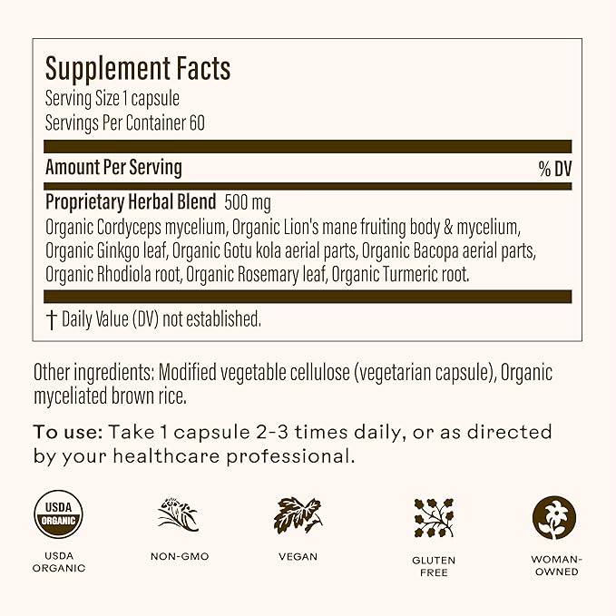 Wooden Spoon Herbs - Brain Bloom Supplement | Boosts Memory, Focus, Concentration, & Mental Agility | Organic Rosemary, Bacopa, & Lion’s Mane Supplement | Gluten-Free, Non-GMO, Vegan (60 CT, Capsules)