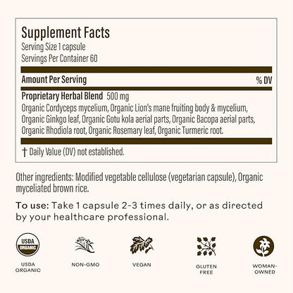 Wooden Spoon Herbs - Brain Bloom Supplement | Boosts Memory, Focus, Concentration, & Mental Agility | Organic Rosemary, Bacopa, & Lion’s Mane Supplement | Gluten-Free, Non-GMO, Vegan (60 CT, Capsules)