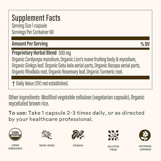 Wooden Spoon Herbs - Brain Bloom Supplement | Boosts Memory, Focus, Concentration, & Mental Agility | Organic Rosemary, Bacopa, & Lion’s Mane Supplement | Gluten-Free, Non-GMO, Vegan (60 CT, Capsules)