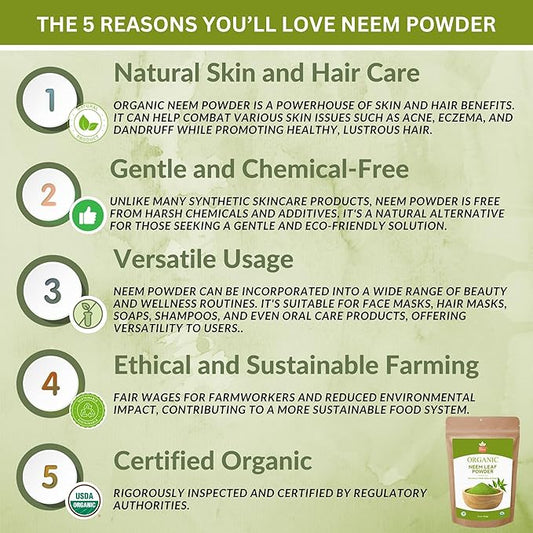 Neem Powder – 8 oz. - Certified USDA Organic -Non-GMO - Fresh Dried Neem Leaves Powder for Healthy Hair and Skin - Azadirachta Indica Ayurvedic Herb for Overall Wellbeing