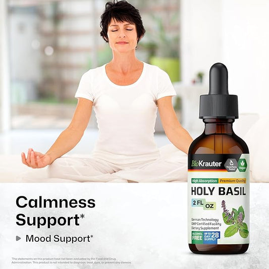 BIO KRAUTER Holy Basil Tincture - Tulsi Powder Liquid Extract - Supports Calmness and Relaxation - Ursolic Acid Supplement - Alcohol and Sugar Free - Vegan Drops 2 Fl.Oz.