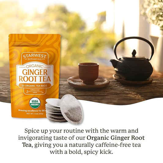 Starwest Botanicals Organic Ginger Root Tea - Caffeine Free Herbal Tea, Supports Digestion, String Free Sachets, USDA Organic Ginger Root, Non GMO - 20 Tea Bags
