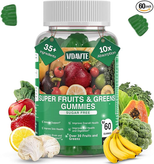 Sugar-Free Fruit and Veggie Gummies — 35+ Greens, Fruit and Vegetable Vitamins to Boost Immunity, Skin & Gut Health — Ideal Fruity Vegetable Supplement for Adults & Kids (60 Gummies)