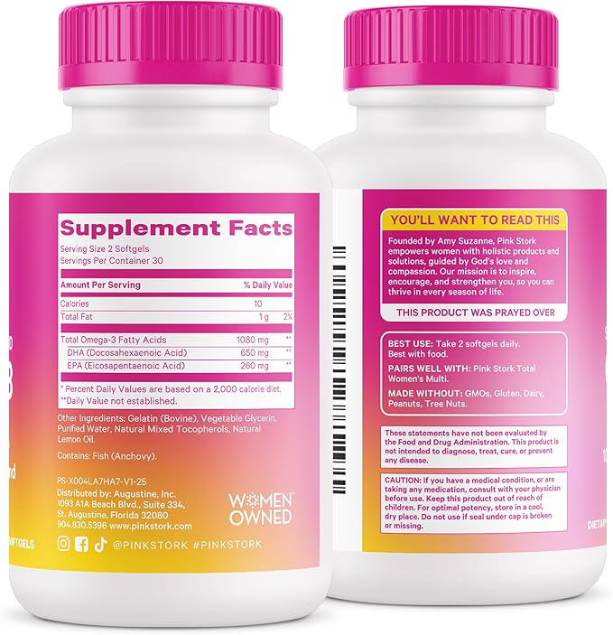 Pink Stork Omega 3 Fish Oil Supplements for Women with DHA and EPA - High Potency Burpless Omega-3 Supplement for Cognitive Health - 60 Softgels