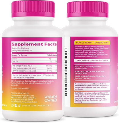 Pink Stork Omega 3 Fish Oil Supplements for Women with DHA and EPA - High Potency Burpless Omega-3 Supplement for Cognitive Health - 60 Softgels