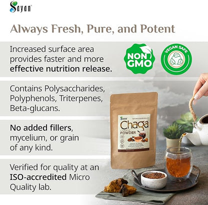 Sayan Siberian Pure Raw Coarse Chaga Powder 8 Oz / 226g – Premium Wild Forest Harvested Super Antioxidant Tea – Supports Immune System and Digestive Health – Focus, Energy, Clarity, Wellness - Non-GMO