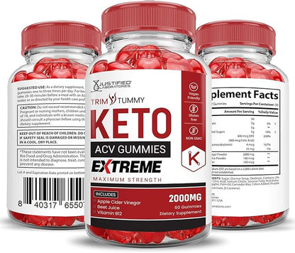 Justified Laboratories (5 Pack Trim Tummy Keto ACV Gummies Extreme 2000MG Trim Tummy Keto Gummies Apple Cider Vinegar Formulated with Pomegranate Beet Juice Powder B12 Vegan Non GMO 300 Gummys