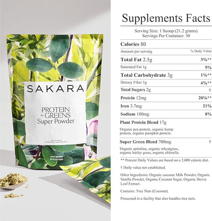 Sakara Protein + Greens Super Powder, 30 Servings - Organic Protein Powder Hemp, Pumpkin, Pea Protein, Organic Greens Powder Wheat Grass & Spirulina Superfood Powder, Vegan Protein Powder Greens Blend
