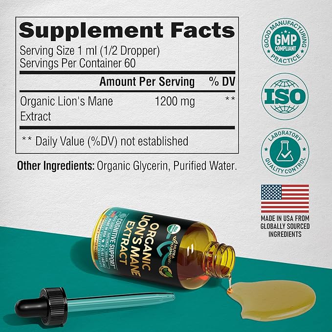 Lions Mane Liquid - USDA Certified Organic Lions Mane Supplement - Brain Support, Energy, Memory & Focus - Sugar & Alcohol-Free Lions Mane Mushroom Extract 72,000 mg / Bottle - 2 Fl OZ, 2 Month Supply
