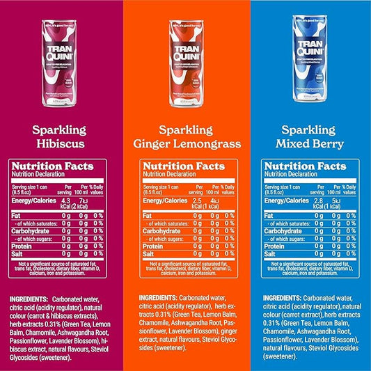 Tranquini Adaptogen Drink, Calming Sparkling Water, Gluten Free, Sugar Free Non Alcoholic Beverage with Ashwagandha Root Extract, 8.5 Fl Oz Cans (8.5 Fl Oz (Pack of 12), Variety Pack)
