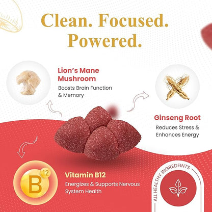 Lion's Mane Mushroom Gummies for Focus and Energy - Focus Gummies for Adults with American Ginseng & B12 for Clarity & Natural Energy, Gluten Free, Fruit Punch Flavor, 7 Count
