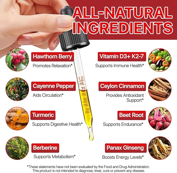 Cayenne Pepper Drops, Natural Cayenne Pepper Extract, Contains Beetroot & Turmeric & Hawthorn & Vitamin K2+D3, Natural Formula, Nutritional Supplement Drops 60ml