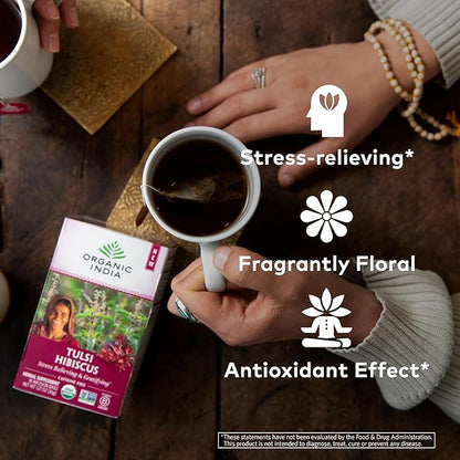 Organic India Tulsi Hibiscus Herbal Tea - Holy Basil, Stress Relieving & Gratifying, Immune Support, Adaptogen, Vegan, USDA Certified Organic, Non-GMO, Caffeine-Free - 18 Infusion Bags, 1 Pack