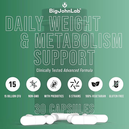 BIGJOHNLAB® - Probiotics for Weight Management & Bloating - 6 Probiotic Strains - Prebiotics - Key Ingredient Cayenne & Green Tea - Supports Gut Health - Weight Management for Women & Men - 30 CT
