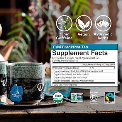 Organic India Tulsi Breakfast Herbal Tea - Holy Basil, Stress Relieving & Awakening, Immune Support, Adaptogen, Vegan, USDA Certified Organic, Non-GMO, Caffeinated - 18 Infusion Bags, 1 Pack