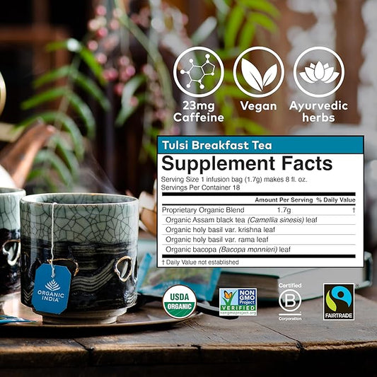 Organic India Tulsi Breakfast Herbal Tea - Holy Basil, Stress Relieving & Awakening, Immune Support, Adaptogen, Vegan, USDA Certified Organic, Non-GMO, Caffeinated - 18 Infusion Bags, 1 Pack