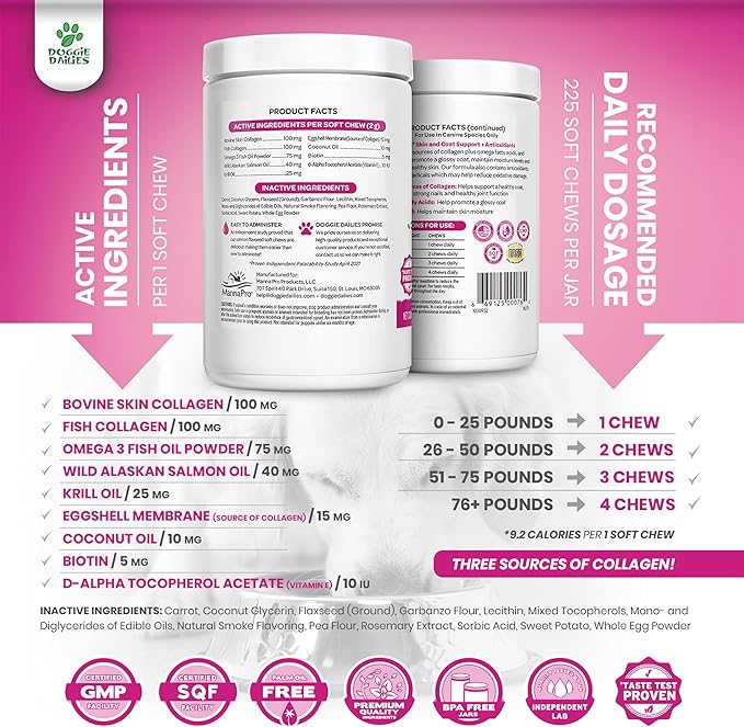 Doggie Dailies Skin & Coat Supplement + Antioxidant Support, 225 Soft Chews, Salmon Oil for Dogs Skin and Coat with Collagen, Omega 3, Krill Oil, Biotin, & Coconut Oil for Dogs (Salmon)