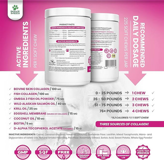 Doggie Dailies Skin & Coat Supplement + Antioxidant Support, 225 Soft Chews, Salmon Oil for Dogs Skin and Coat with Collagen, Omega 3, Krill Oil, Biotin, & Coconut Oil for Dogs (Salmon)